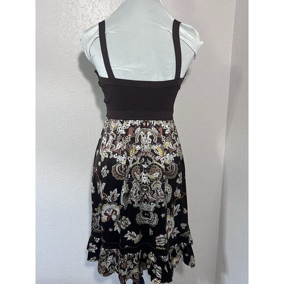 BEBE Disco Dress 70’s Retro Silk Sz M Bandage Knit Top Sleeveless Ruffle Paisley - Picture 2 of 9